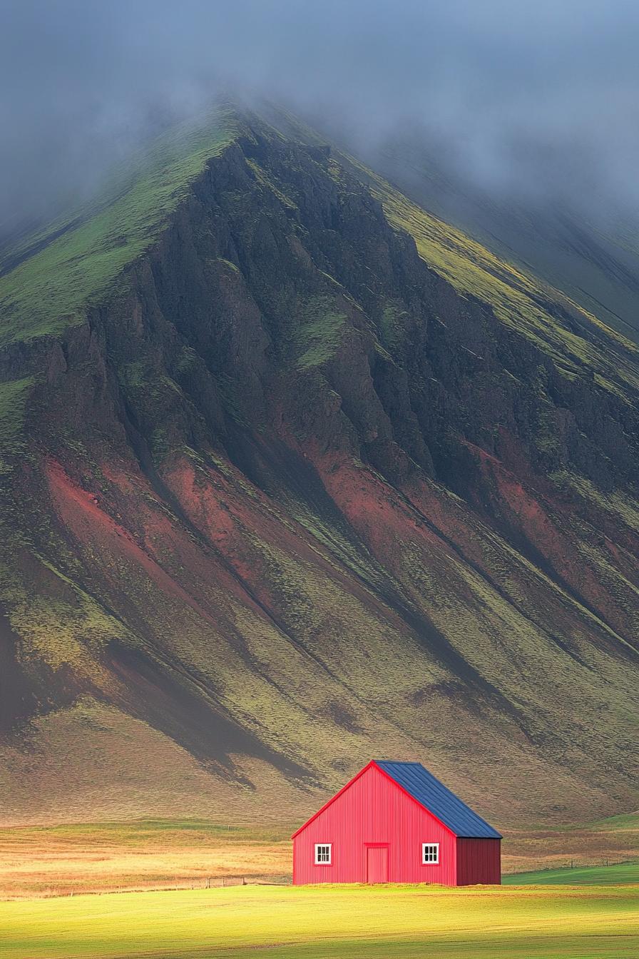 Bright red barn sits at the base of a mist-covered mountain