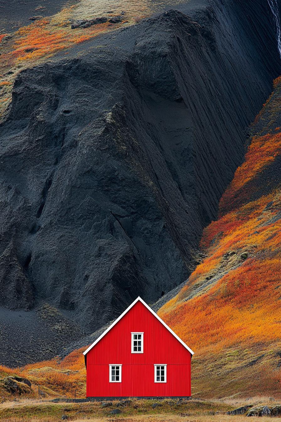 Bright red barndominium amid dramatic cliffs and vibrant foliage