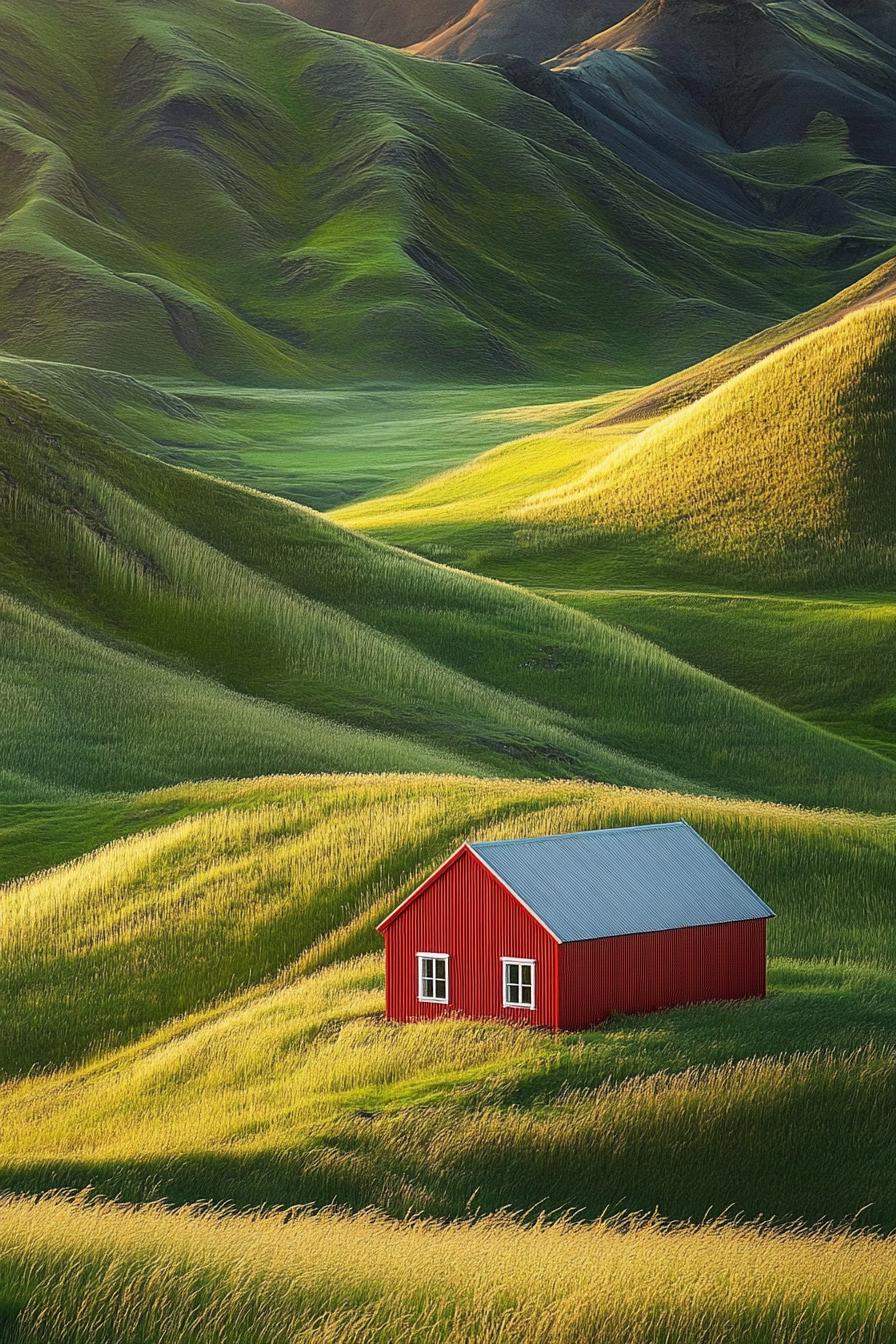 Bright red house nestled in lush green hills