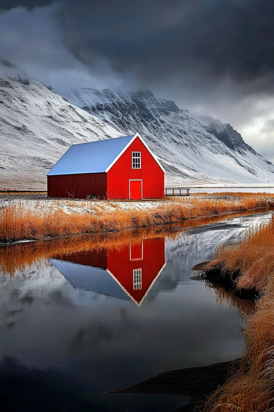 Red barn reflecting in a calm water landscape with snowy mountains in the background