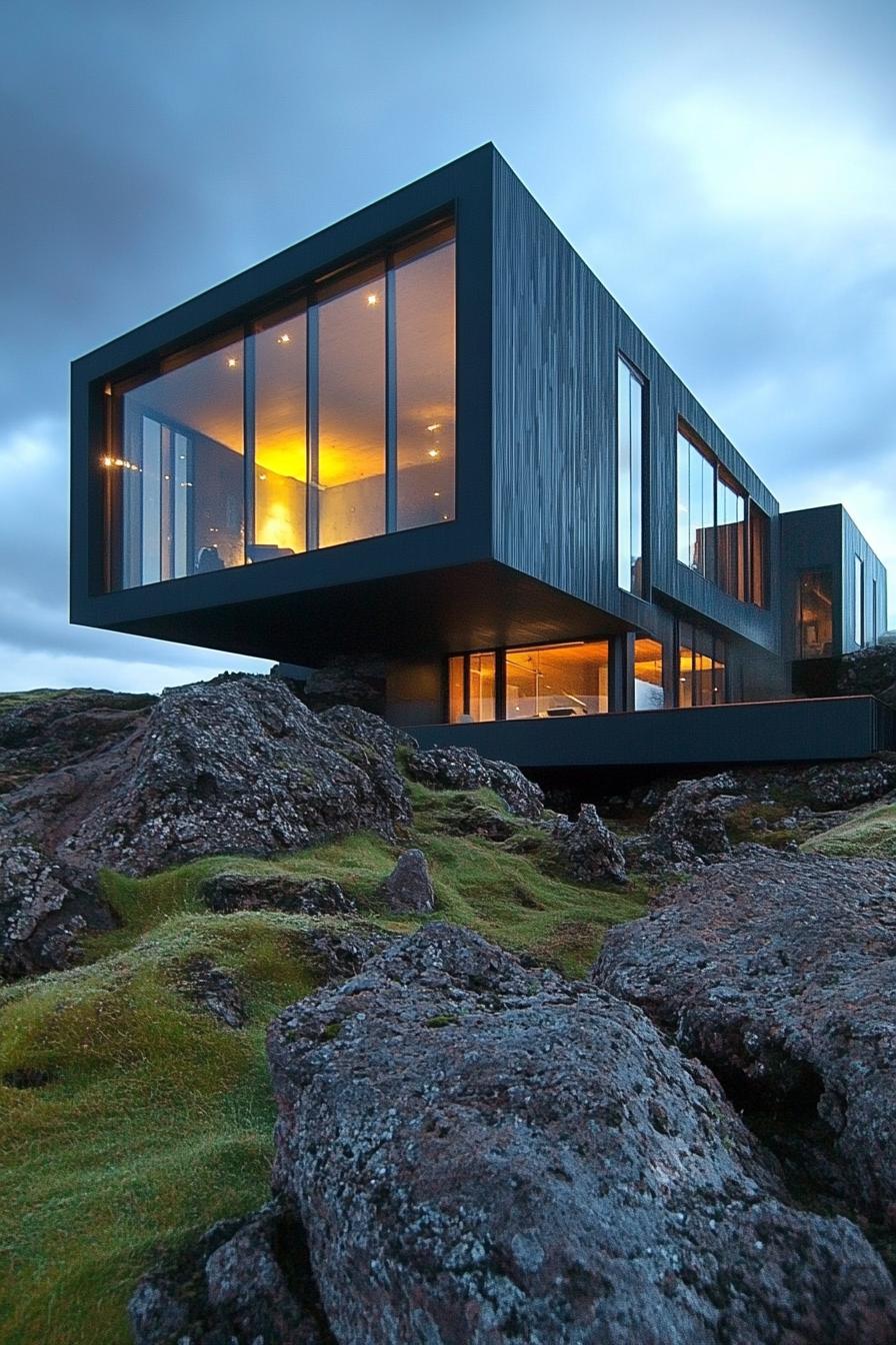 Modern split level house perched on a rocky hillside