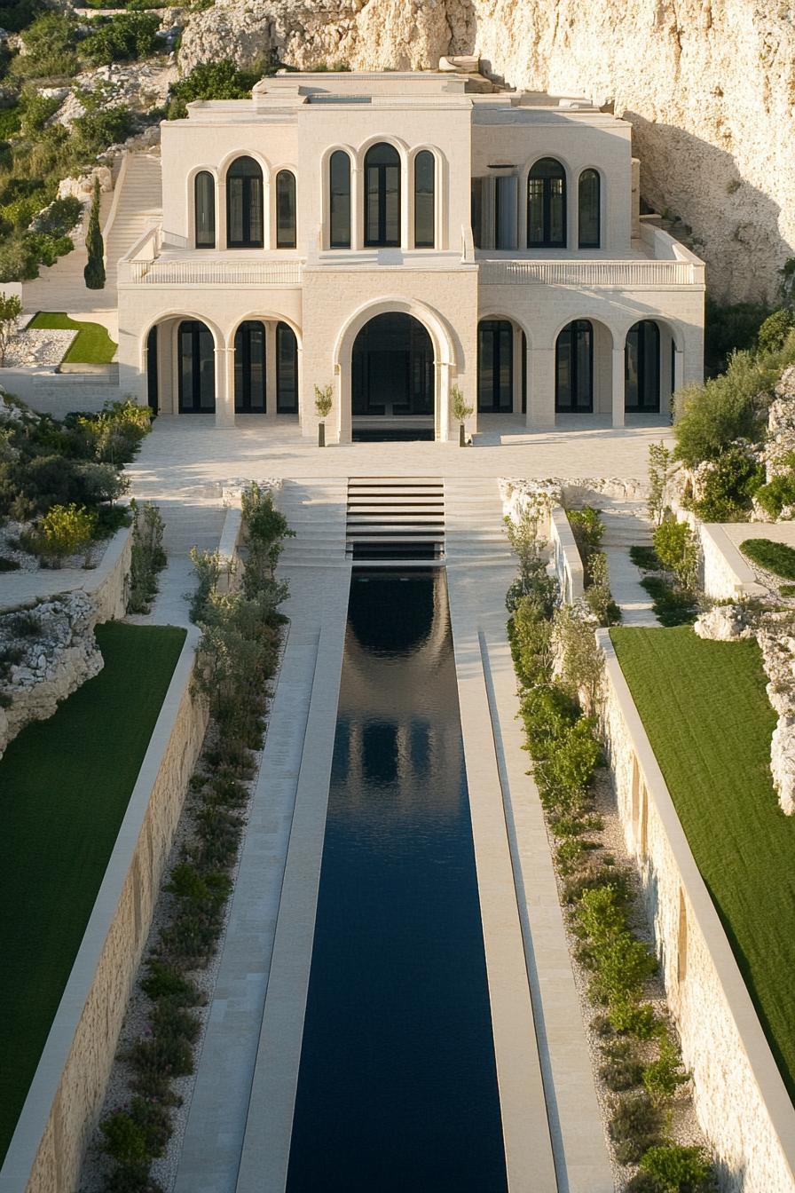 Grand villa with arched windows and long reflective pool