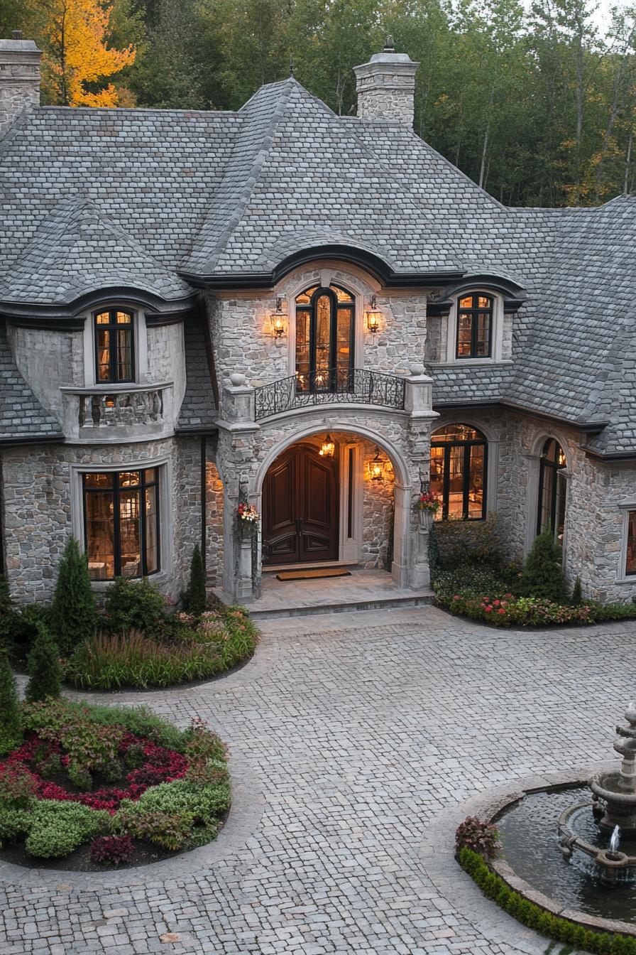 Elegant stone mansion with curved architecture