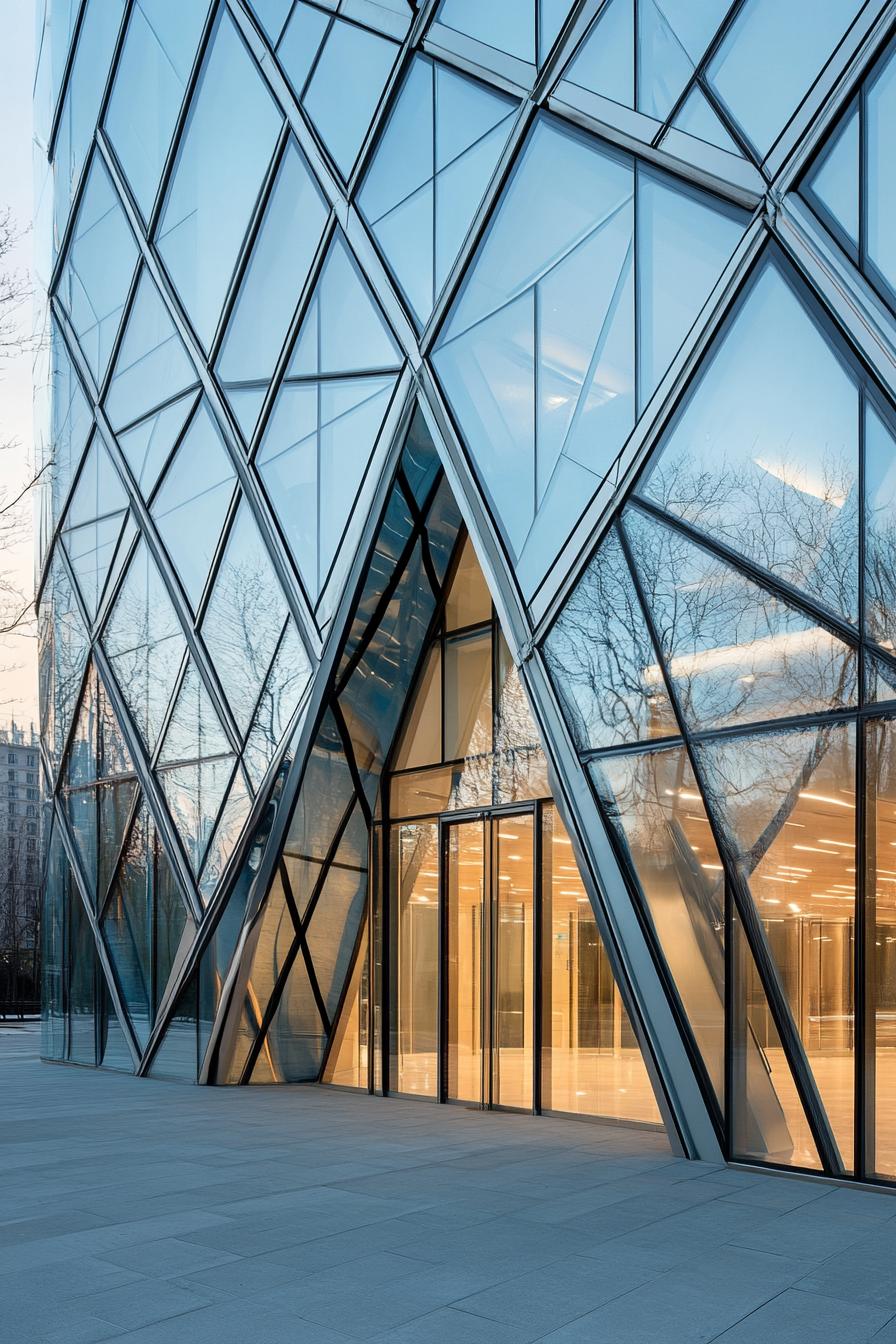 Modern glass building facade with diamond-shaped patterns