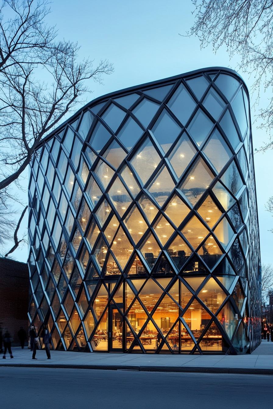 A modern building with a crisscross façade illuminated at dusk