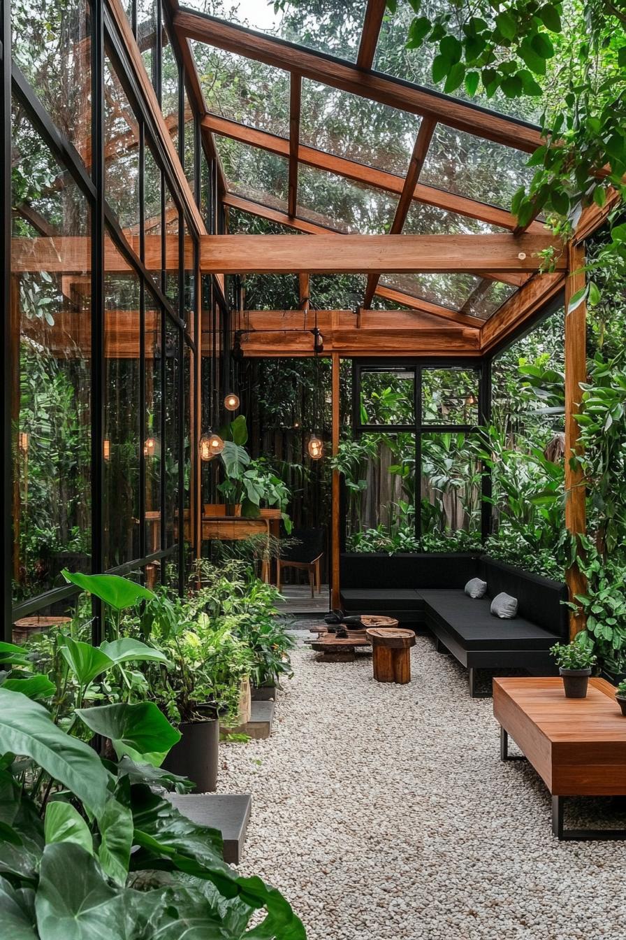 Chic outdoor living room with timber and glass structure surrounded by lush greenery