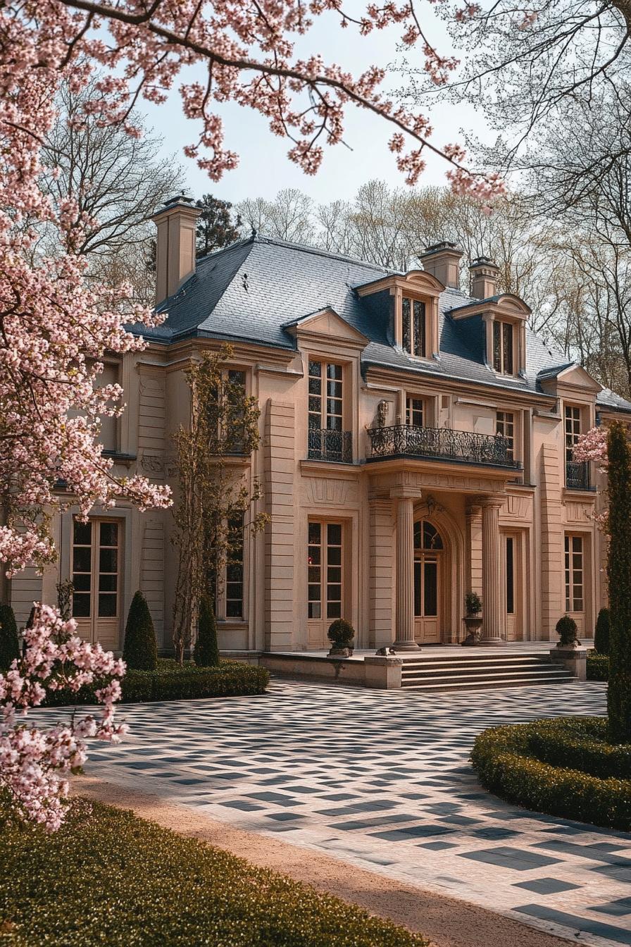 Elegant mansion with checkerboard courtyard and blossoming trees