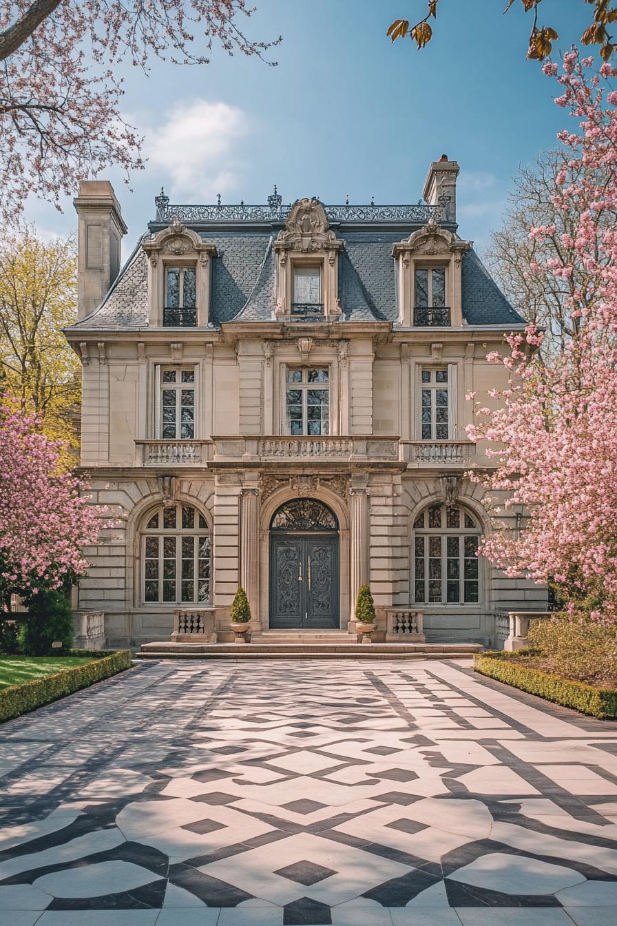 Elegant mansion with a checkered driveway and blooming cherry blossom trees