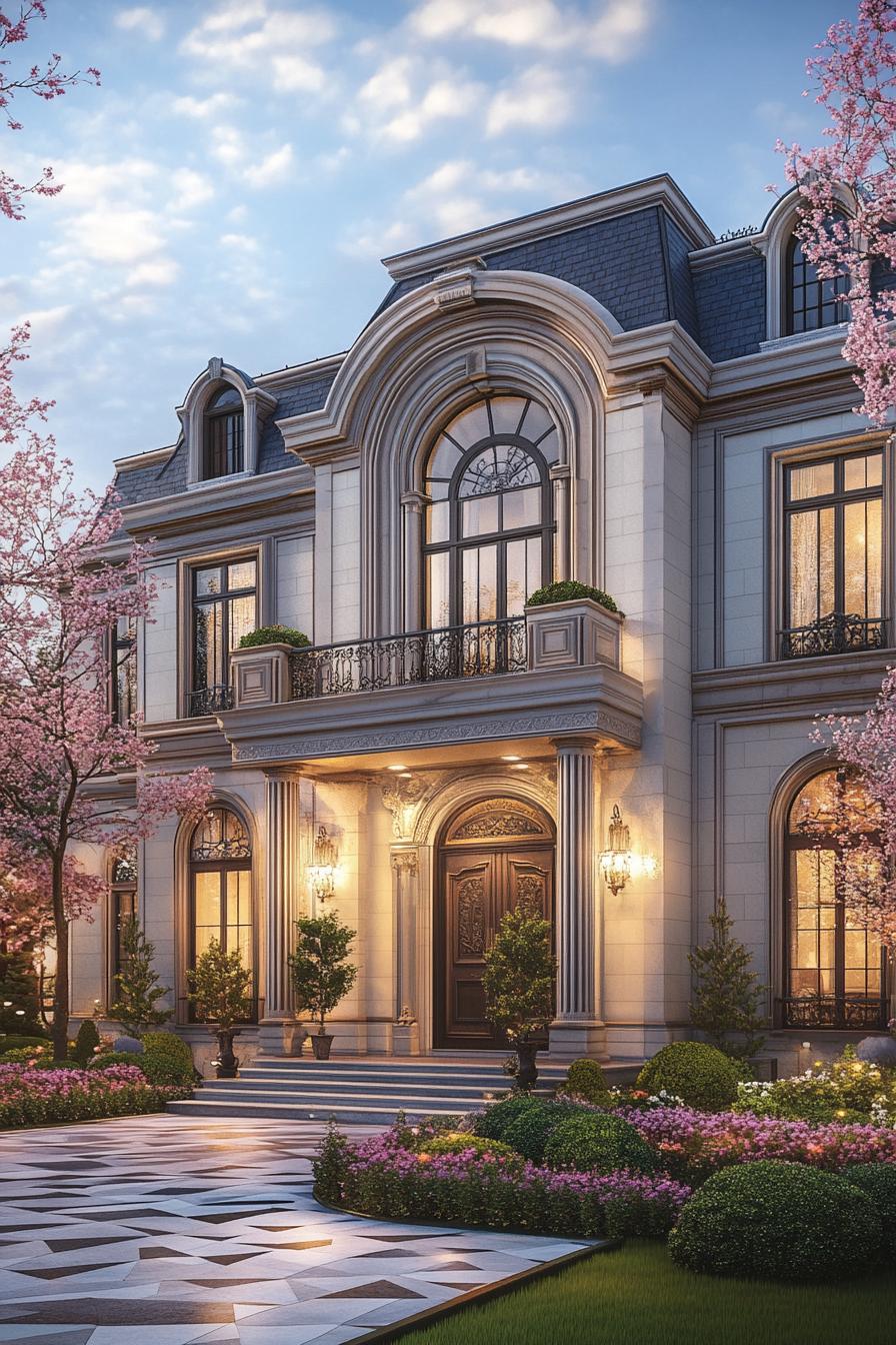 Elegant luxury house with classical architecture, surrounded by blooming trees