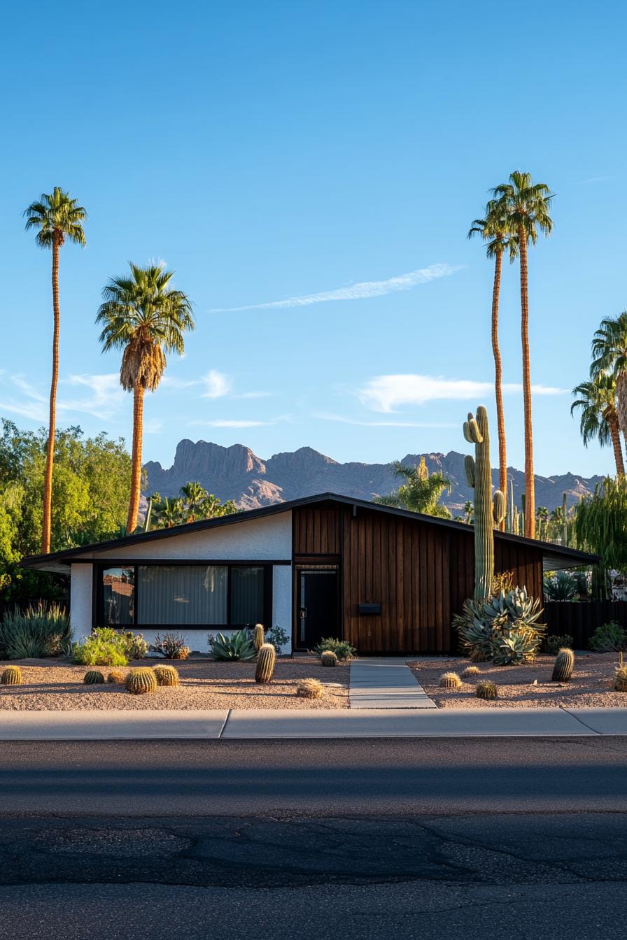 Classic mid-century modern house with cacti front yard and mountain backdrop