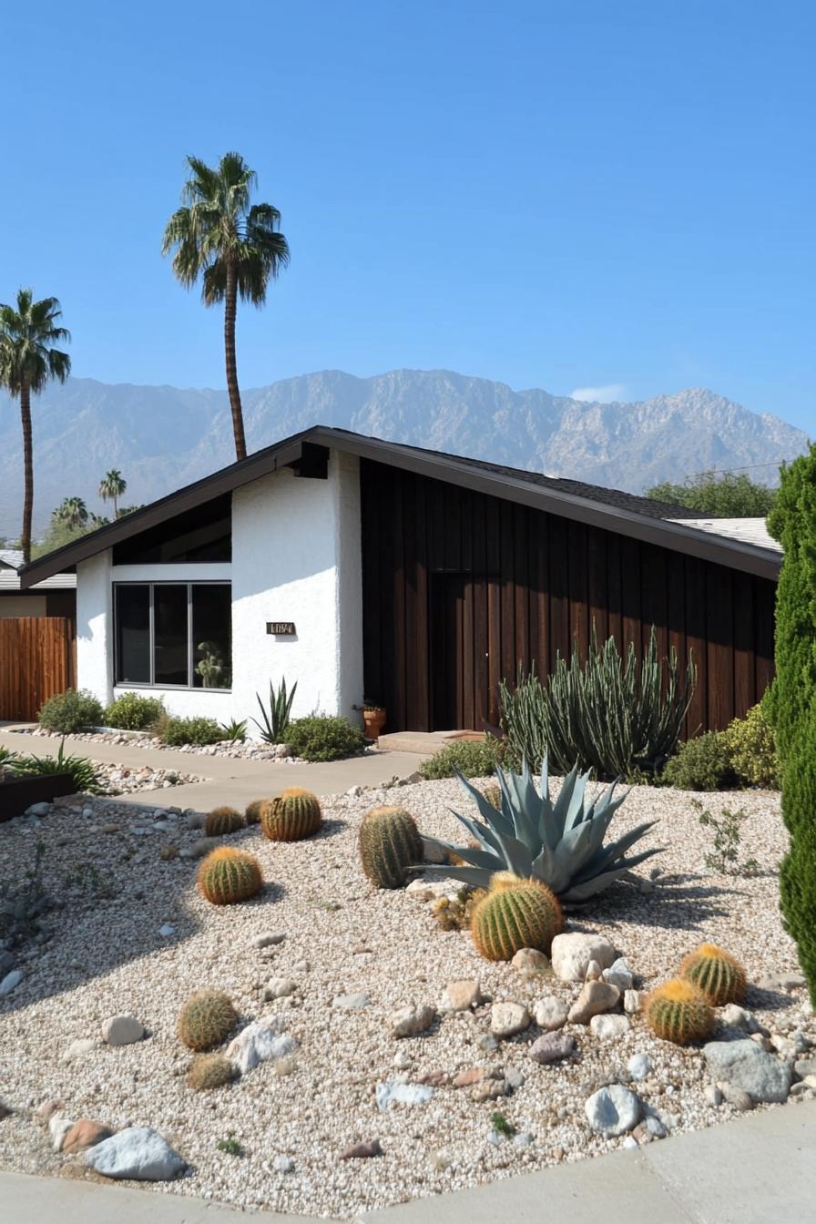 Mid-century house with desert landscaping and mountain backdrop