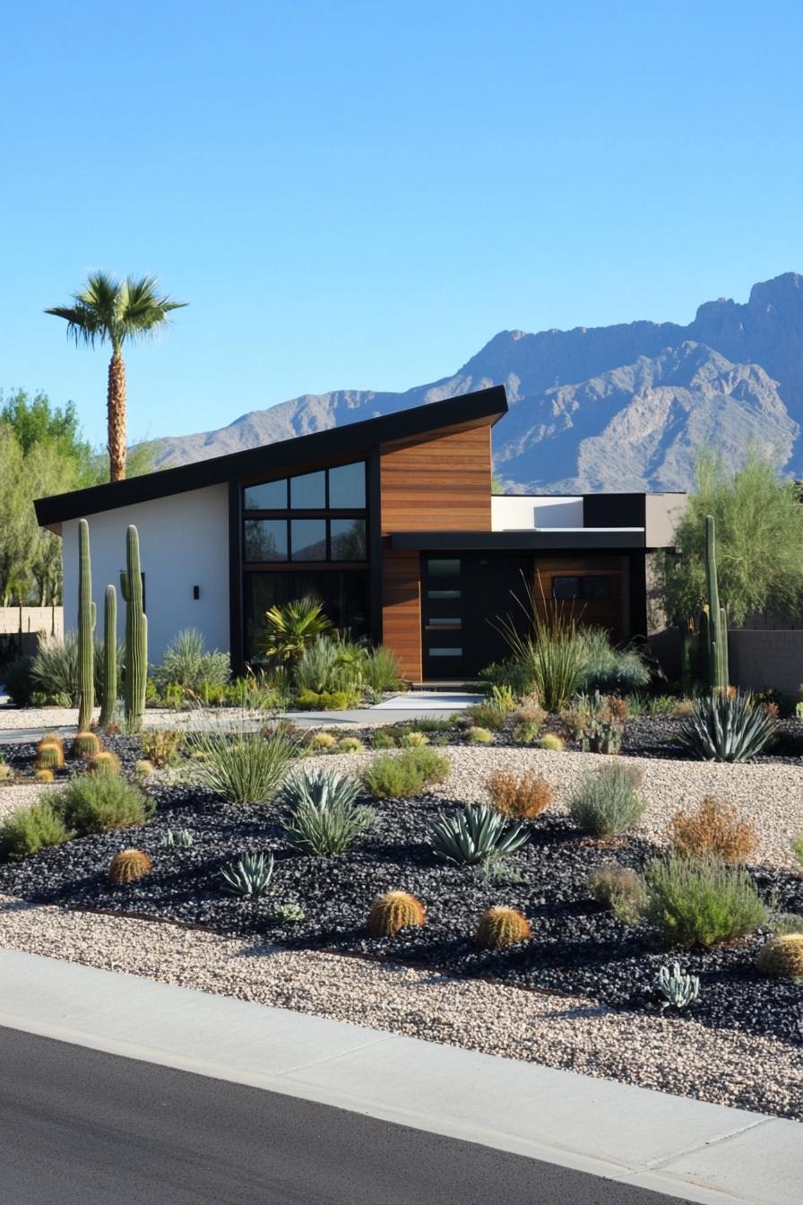 Modern home with slanted roof and desert landscaping