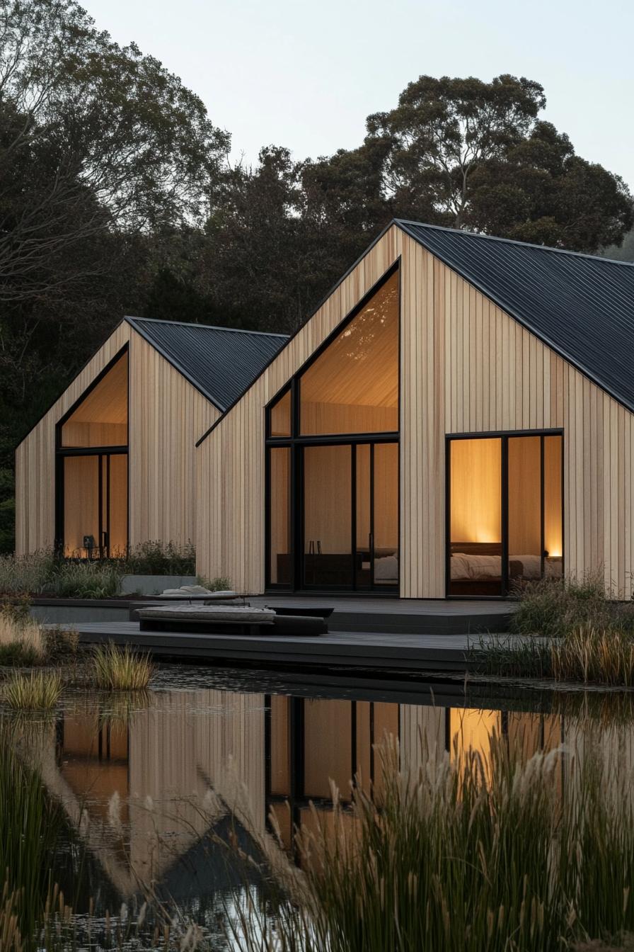 Chic countryside farmhouse with large windows and wooden cladding