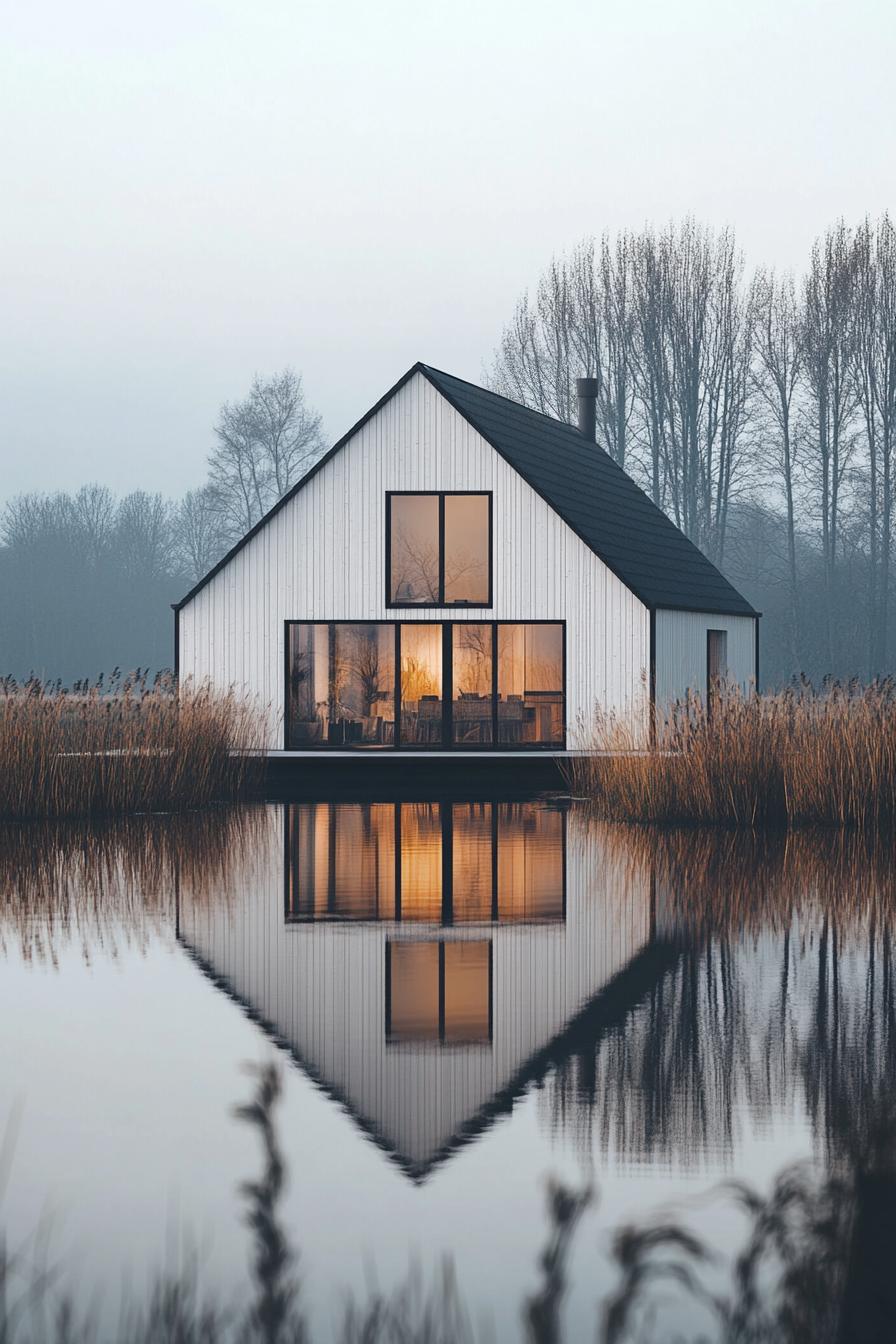 Modern farmhouse by a serene lake