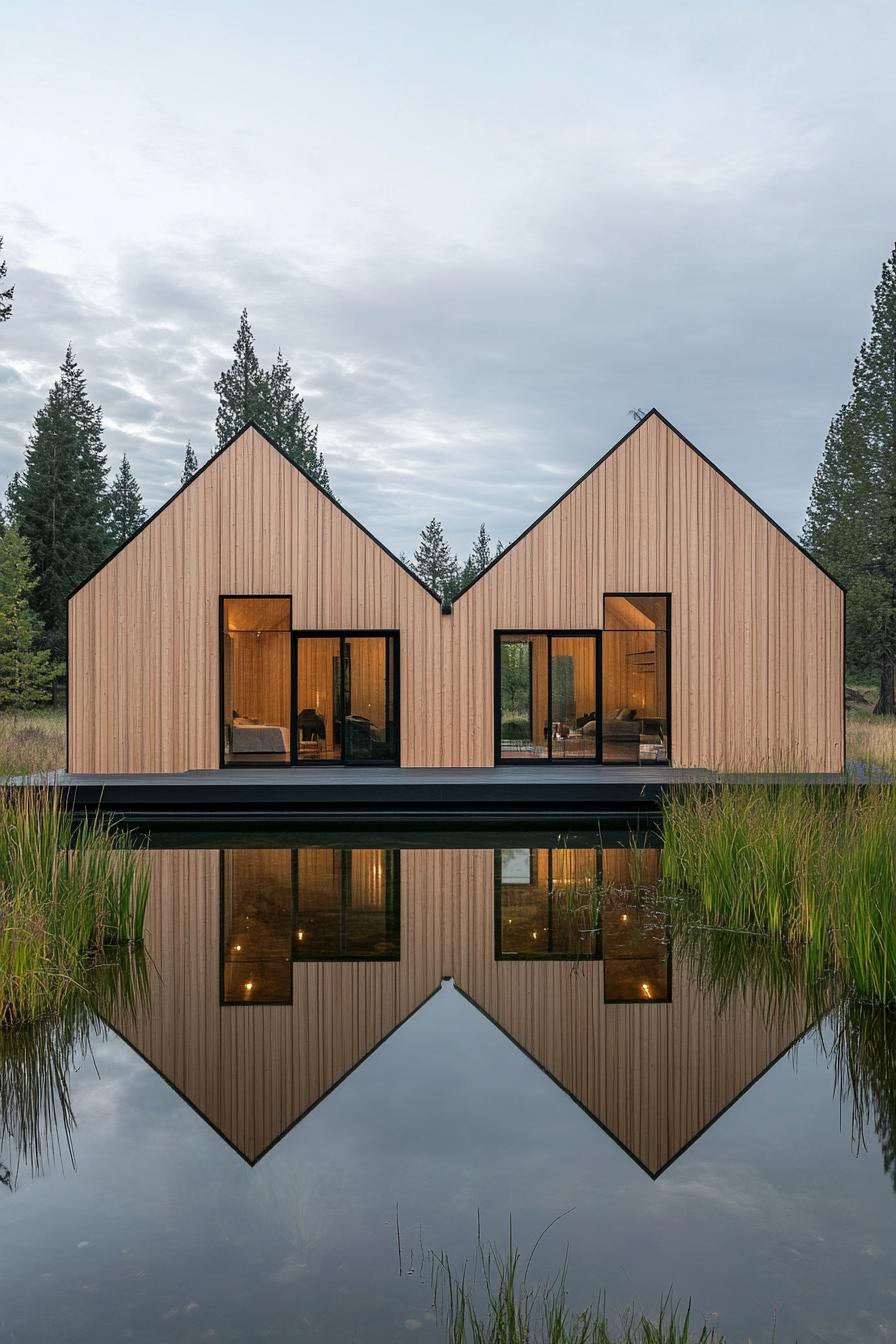 Modern farmhouse with wooden exteriors reflected in a pond