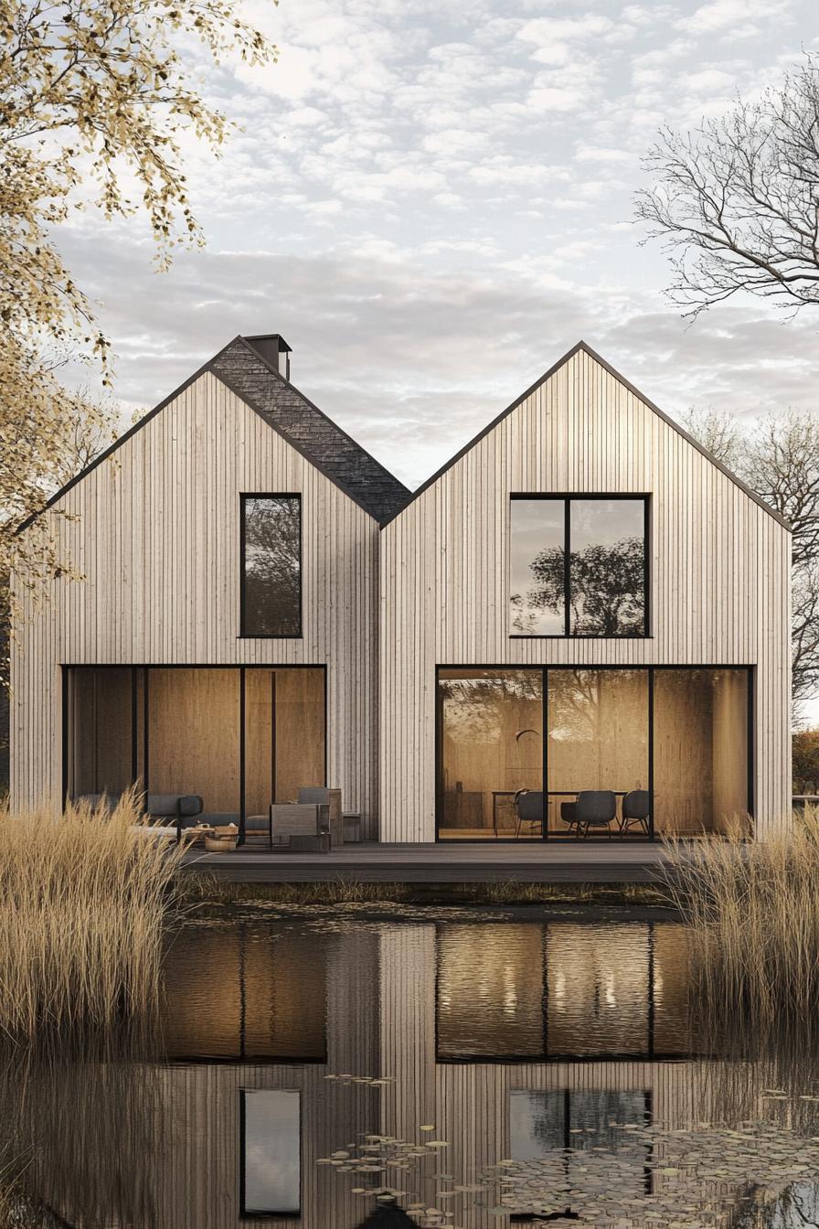 Modern farmhouse with twin gables reflecting over a pond