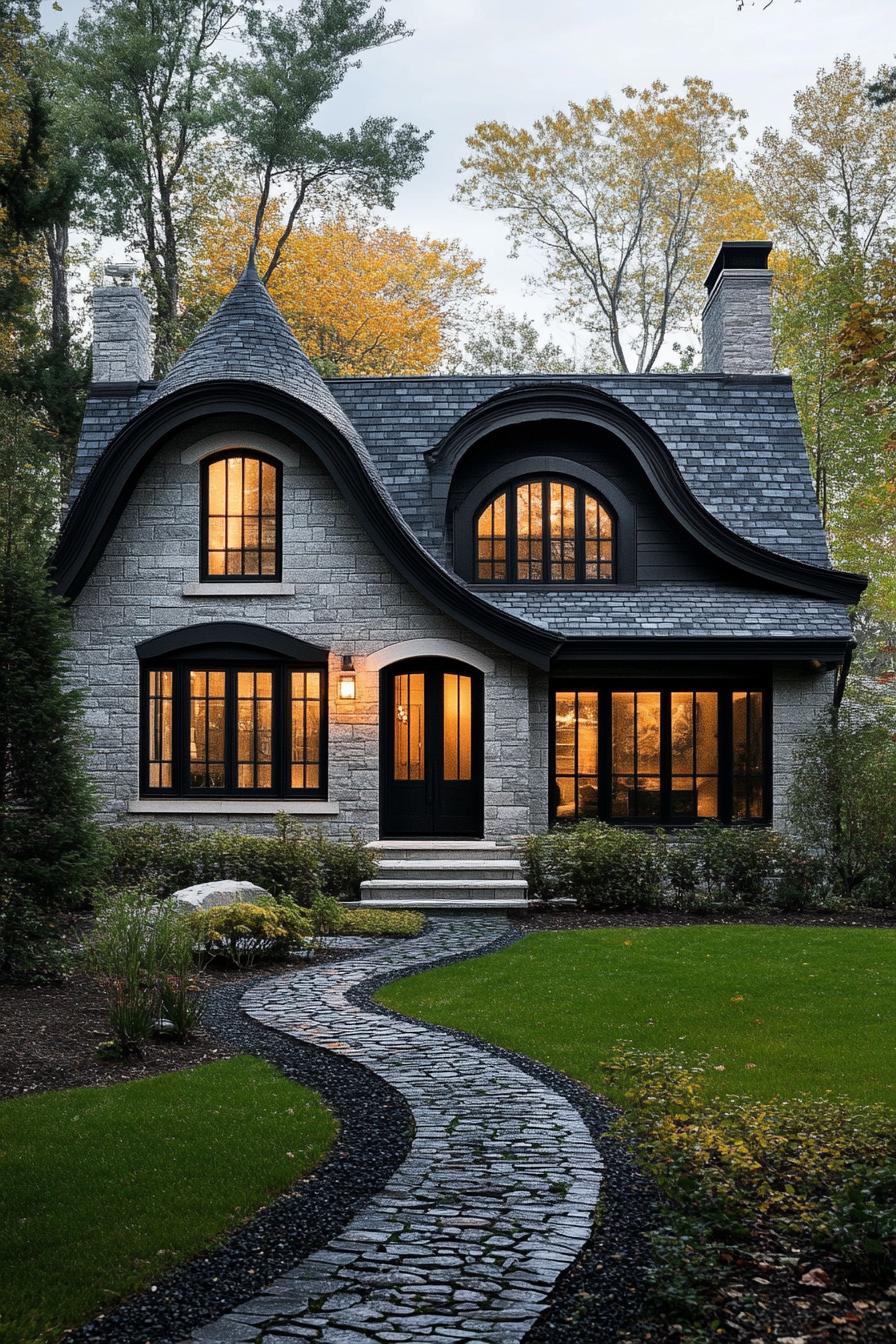 Charming stone house with rounded roof and glowing windows