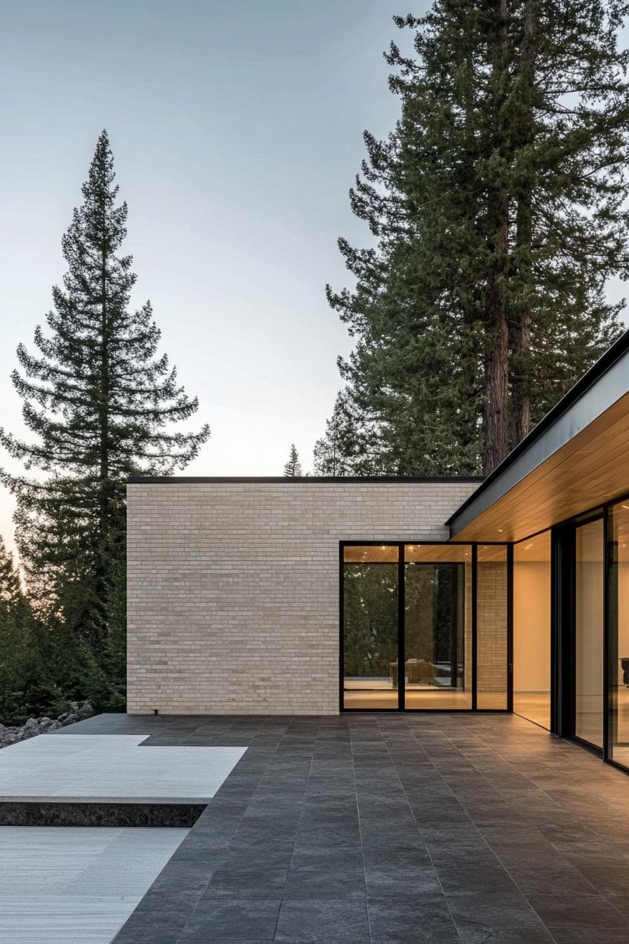 Modern house with flat roof and forest backdrop