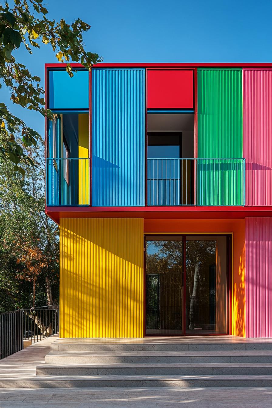 Vibrant, multicolored modern house facade with large windows