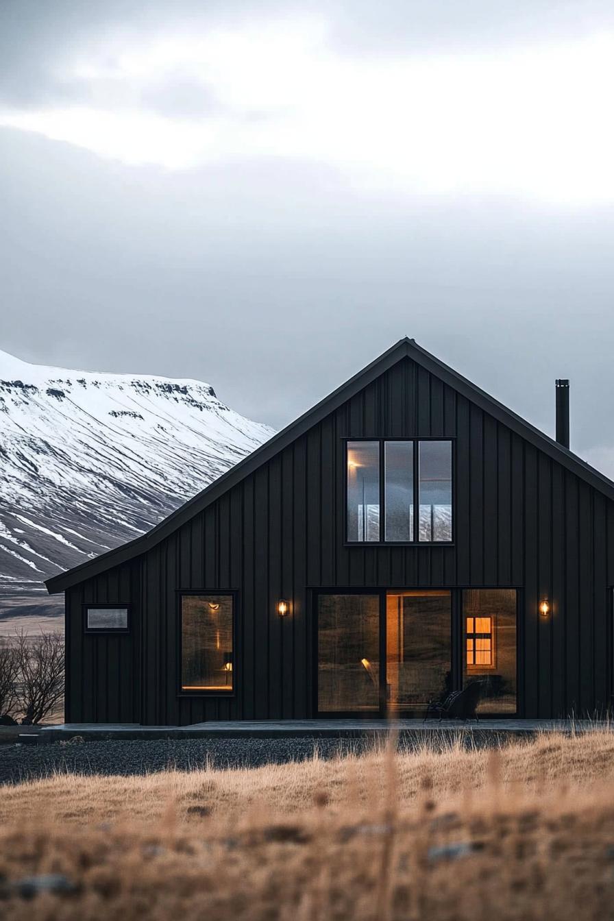 Modern metal house with large windows and snowy mountain backdrop