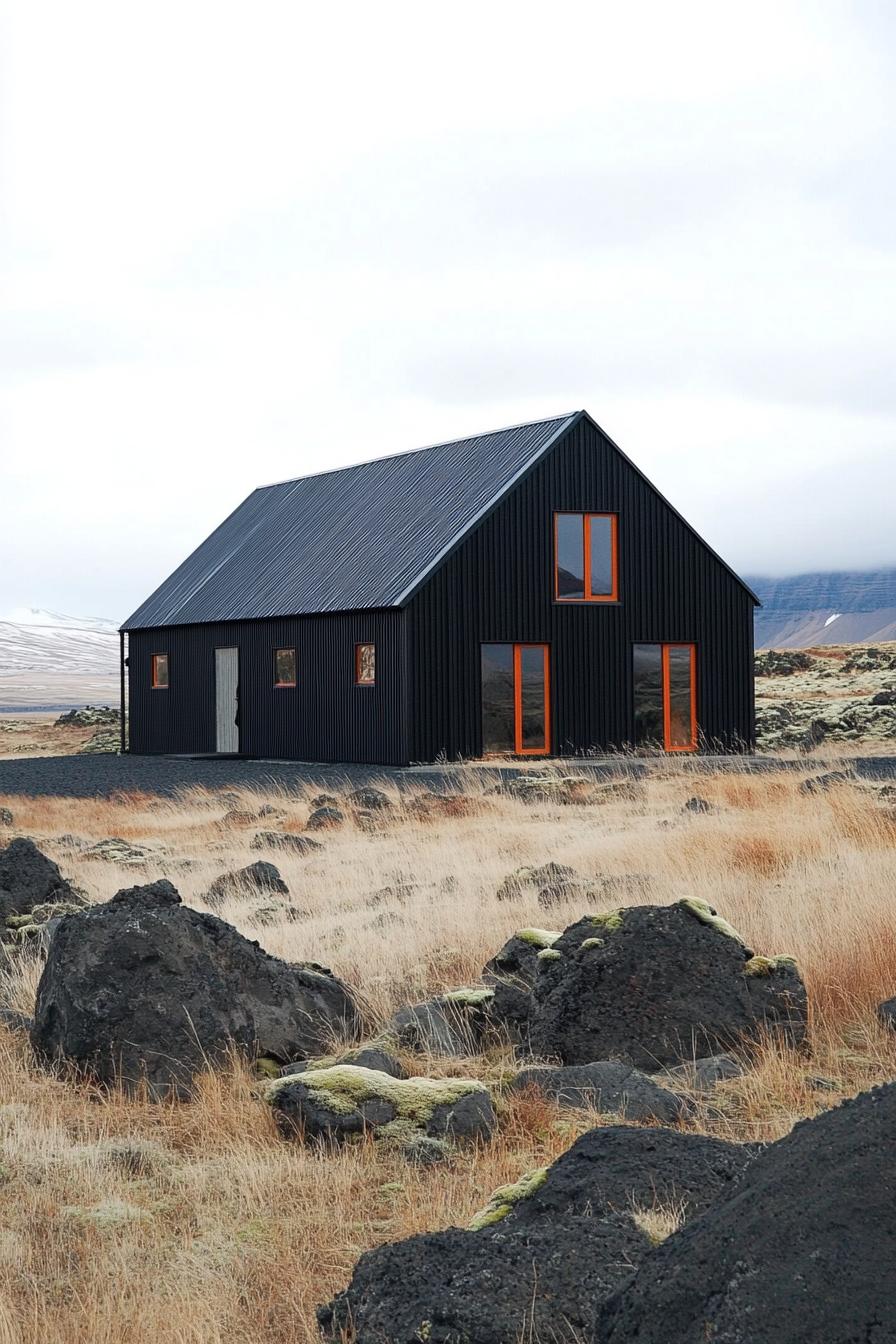 Black metal house with orange-trimmed windows in a rocky landscape