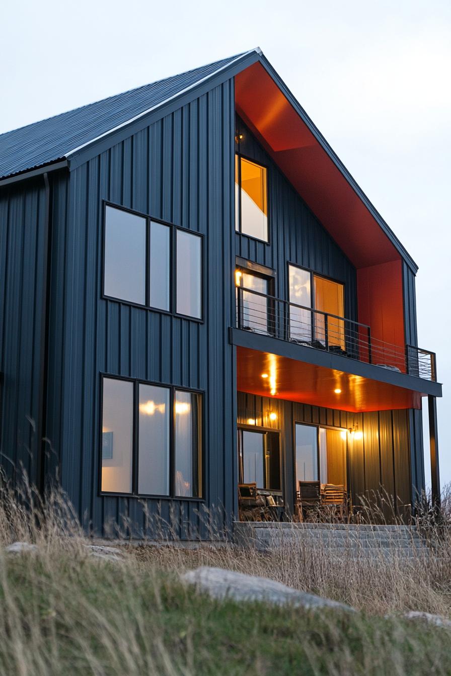 Contemporary house with striking metal exterior and orange highlights