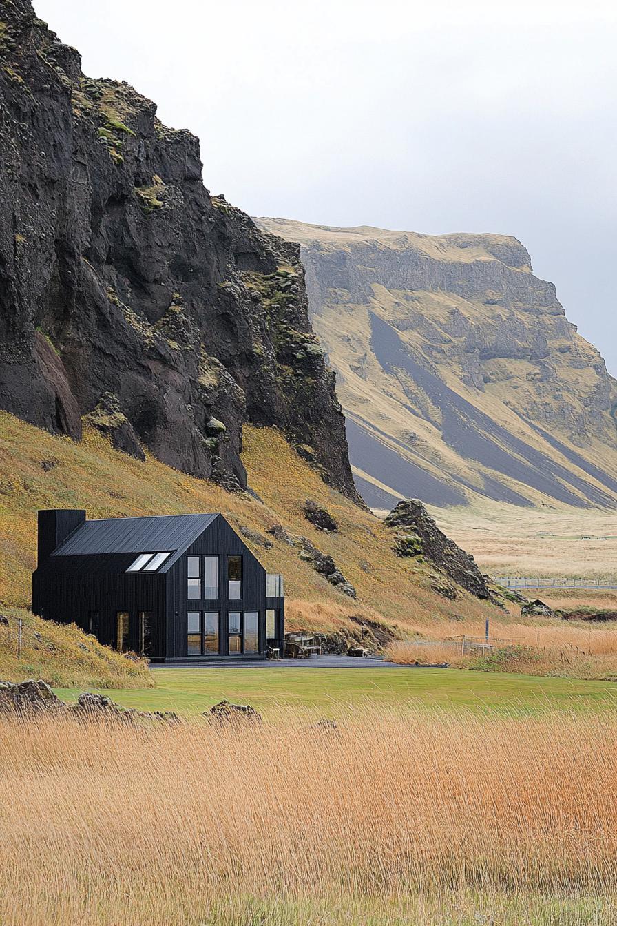 Black metal house nestled at the foot of a rocky cliff