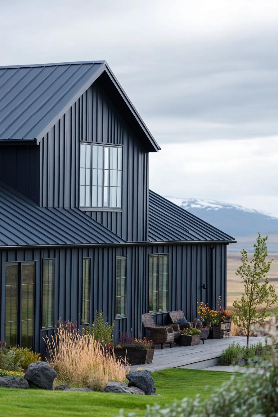 A sleek black metal home surrounded by nature