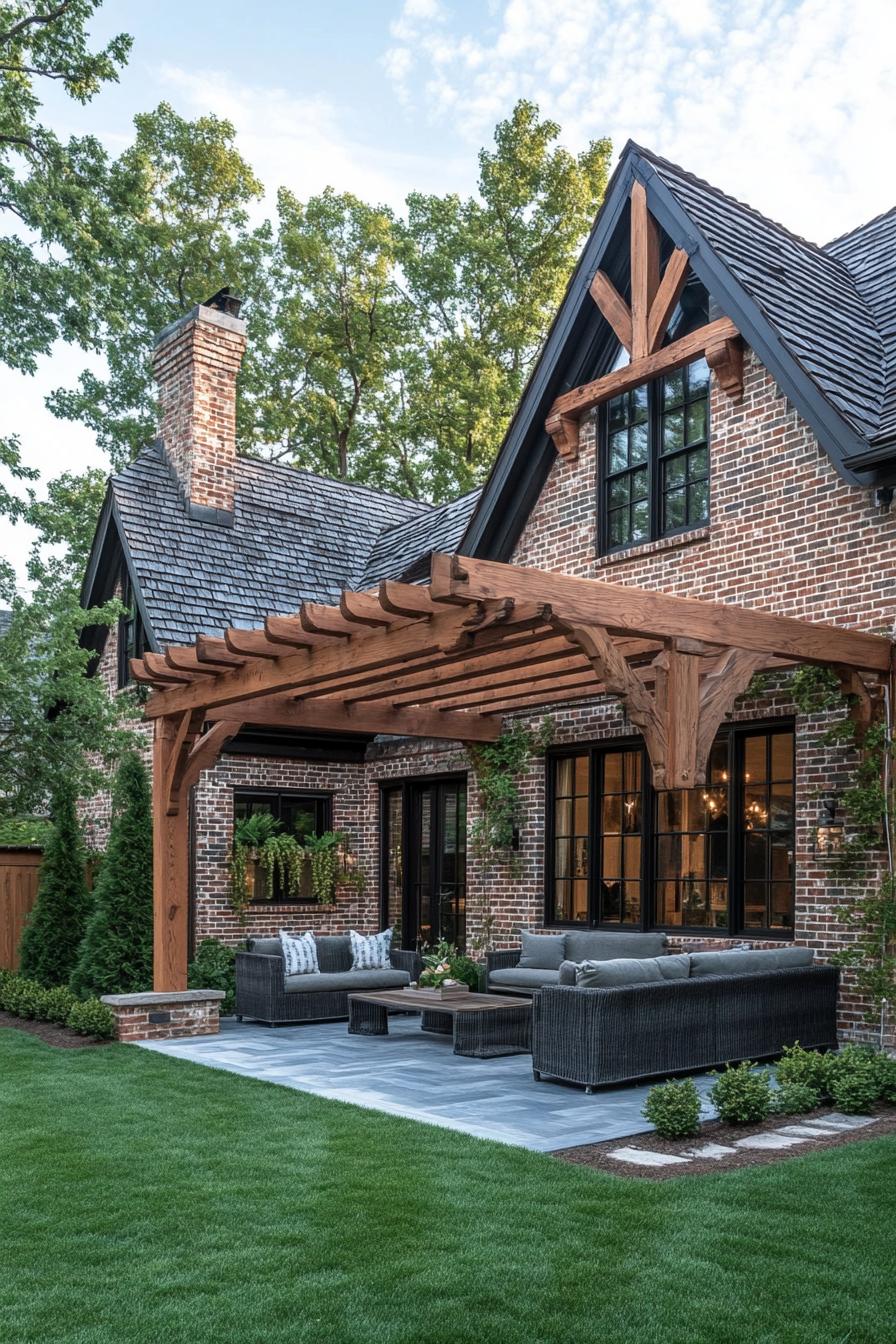 Brick Tudor house with a wooden pergola and patio seating