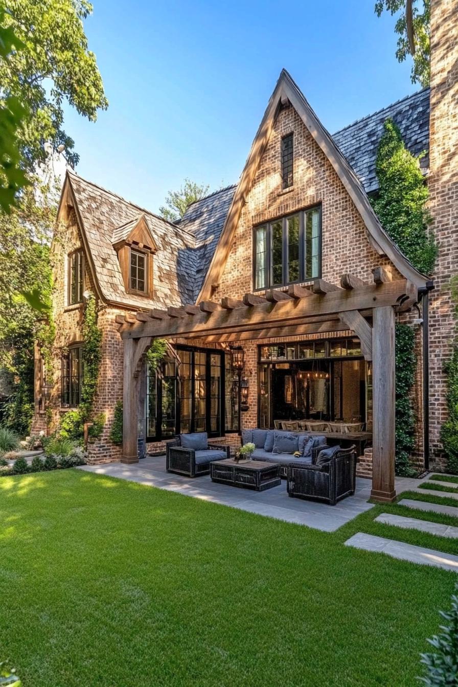 Tudor-style house with a modern patio