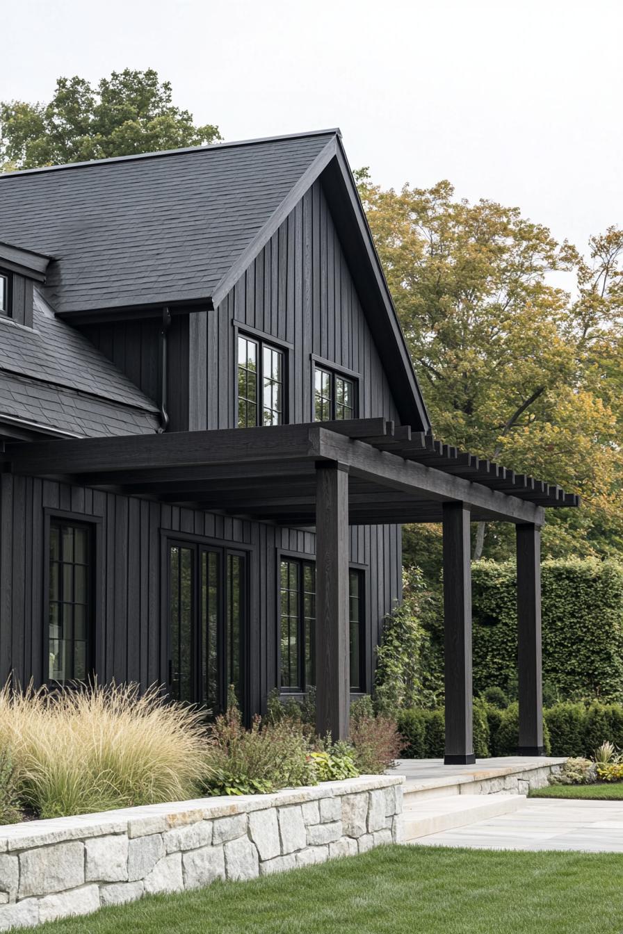 Contemporary farmhouse with dark wood exterior and sleek lines