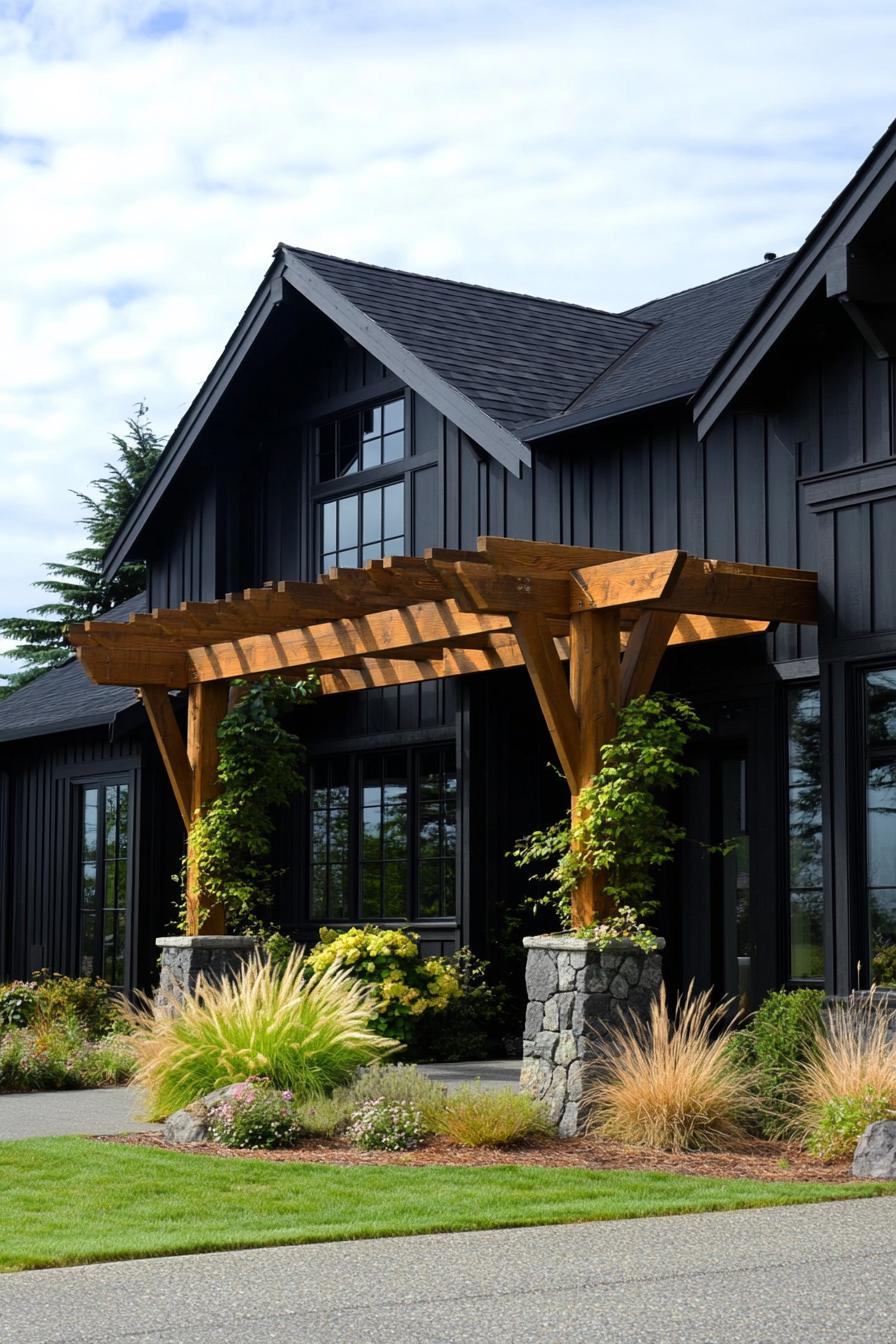 Wooden pergola adorns a black modern farmhouse exterior