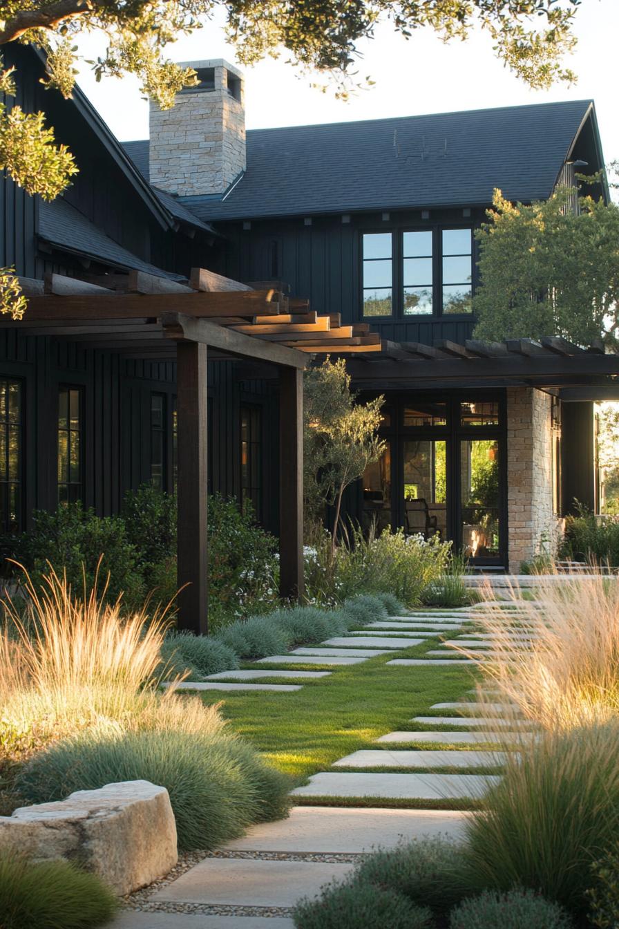 Modern farmhouse with lush landscaping and wooden pergola