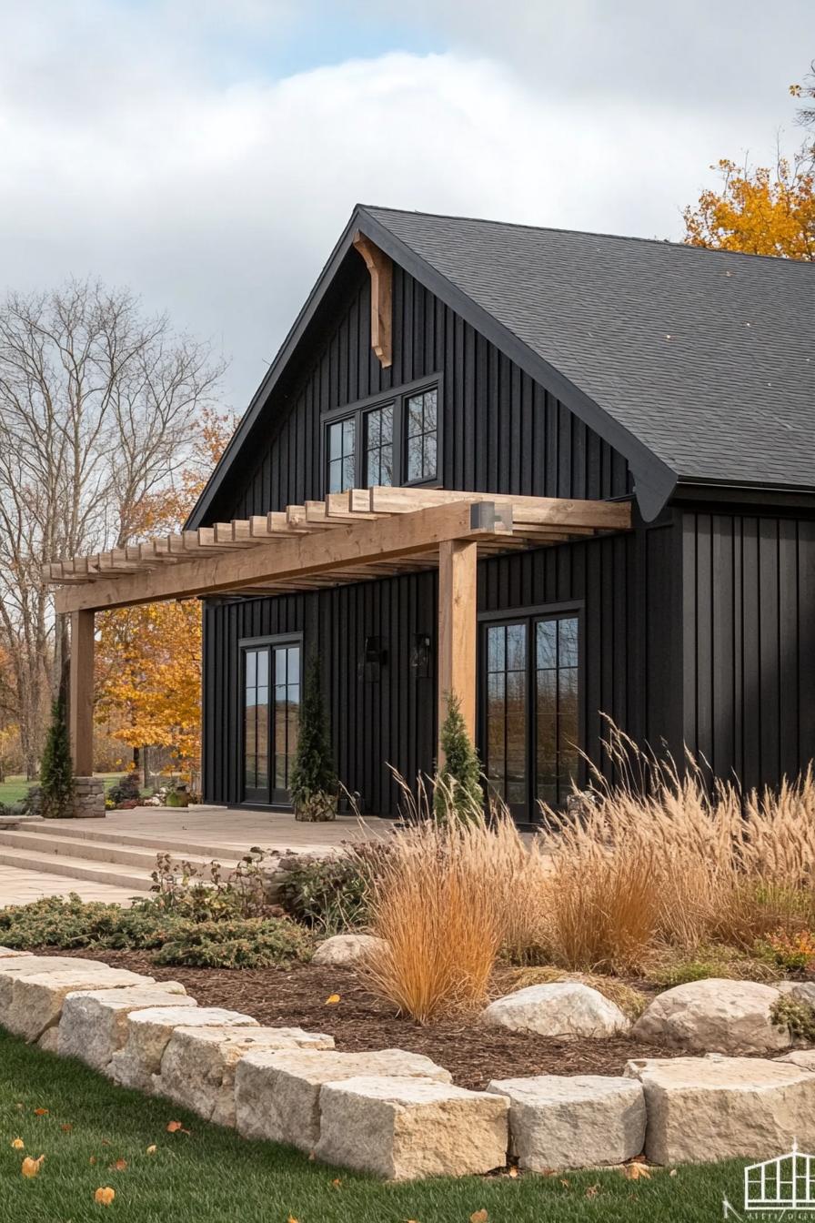 Sleek black farmhouse with wooden accents