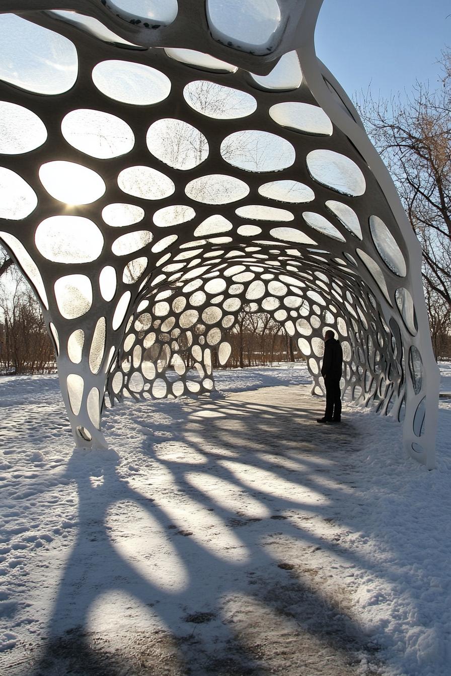 Openwork pavilion in a snowy park