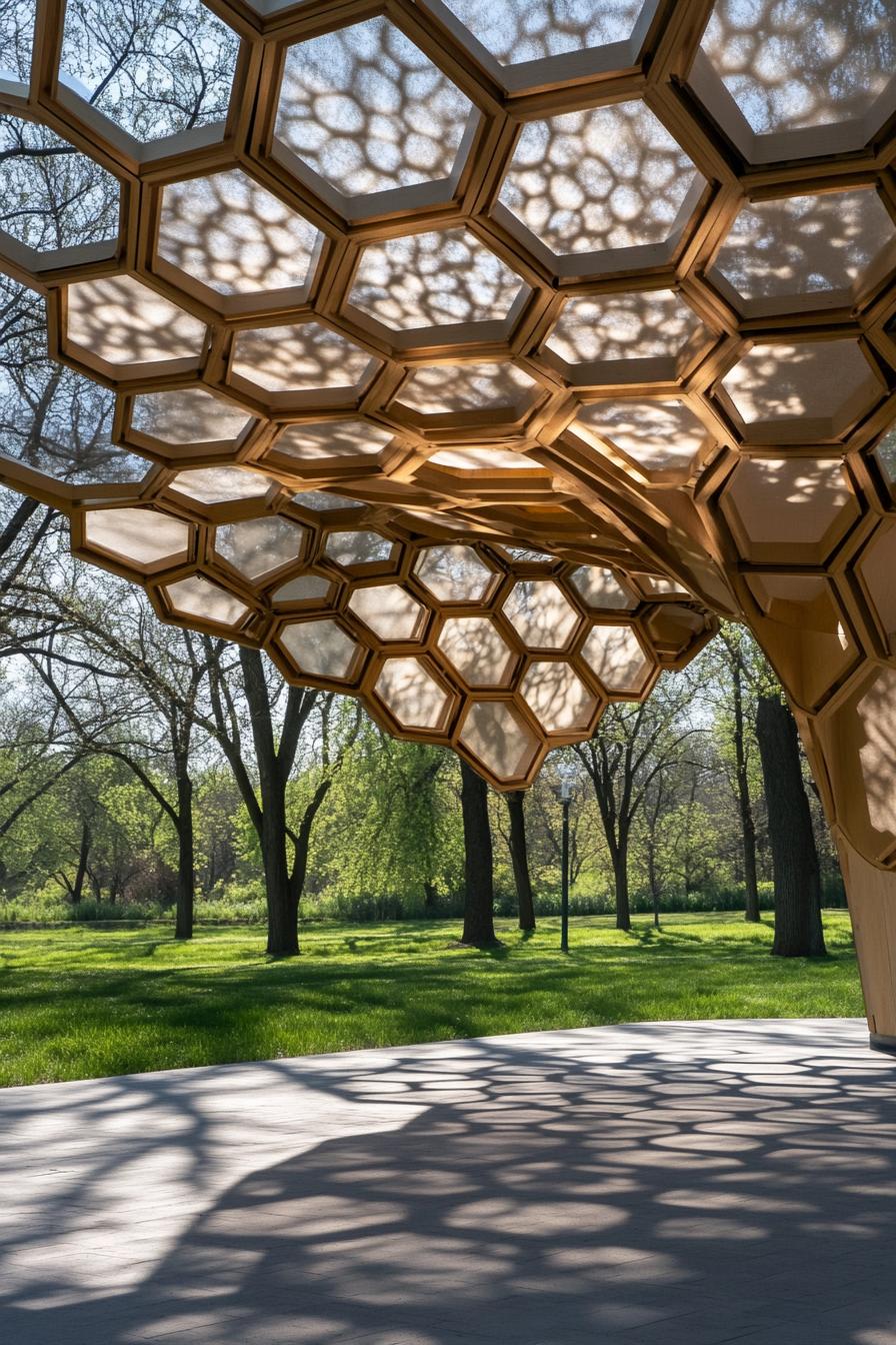 Wooden hexagonal pavilion casting shadows in a park