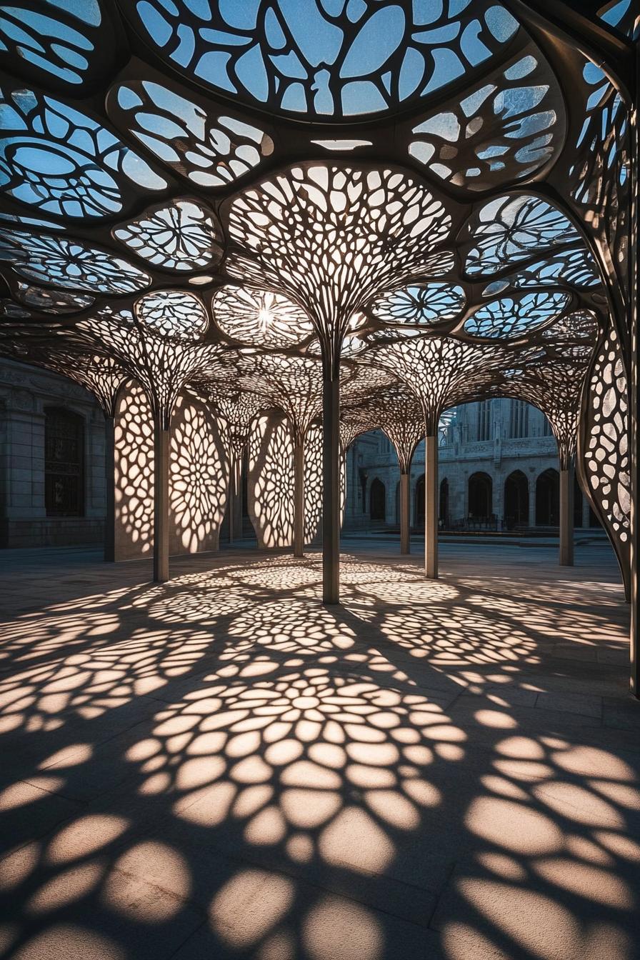 Intricate lattice pavilion with light and shadow patterns