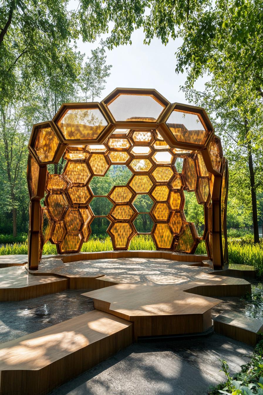 Honeycomb-shaped pavilion surrounded by trees