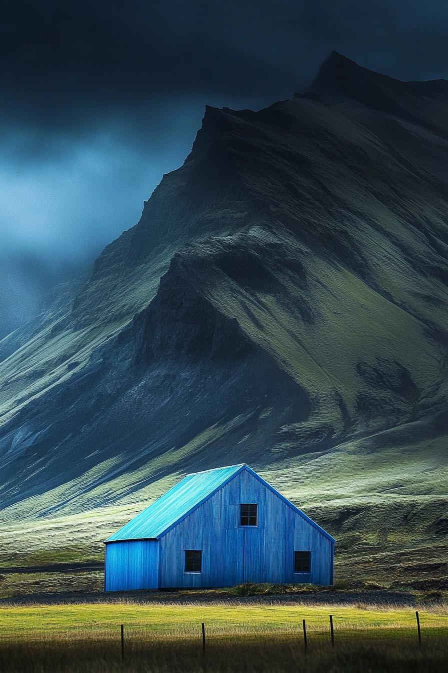 Blue barn nestled against dramatic mountains