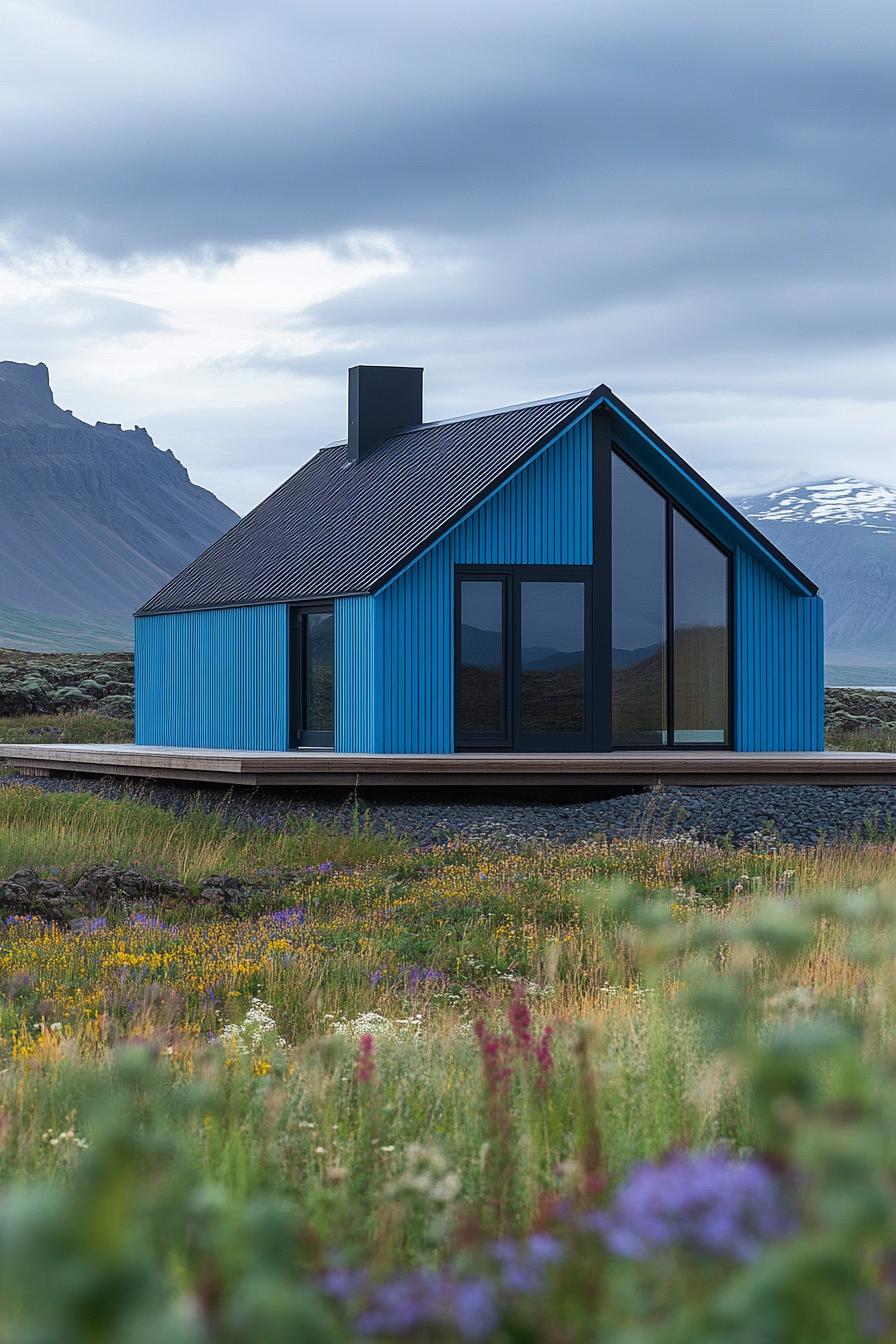 A vibrant blue barndominium in a scenic meadow