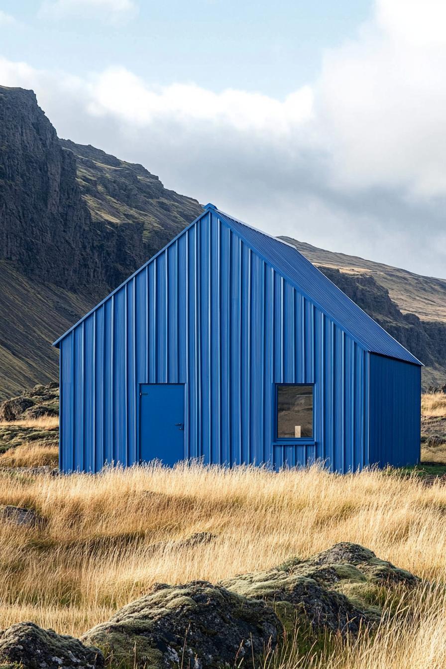 Blue barndominium in a grassy, mountainous landscape