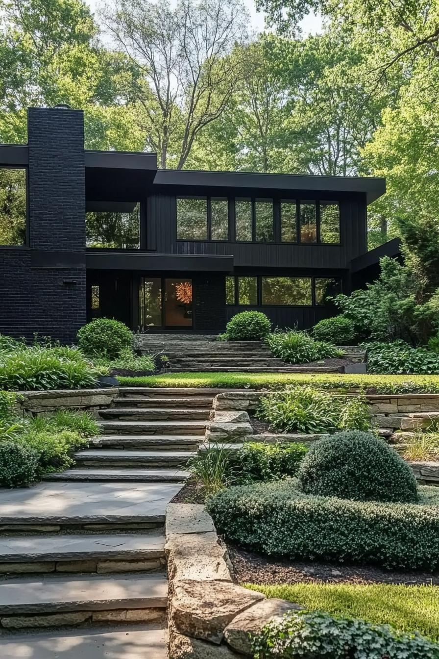 Modern split level house surrounded by greenery and a stone path