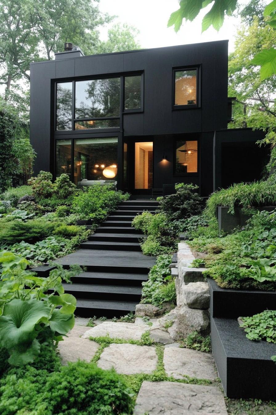 Modern black split level house surrounded by lush greenery and stone paths