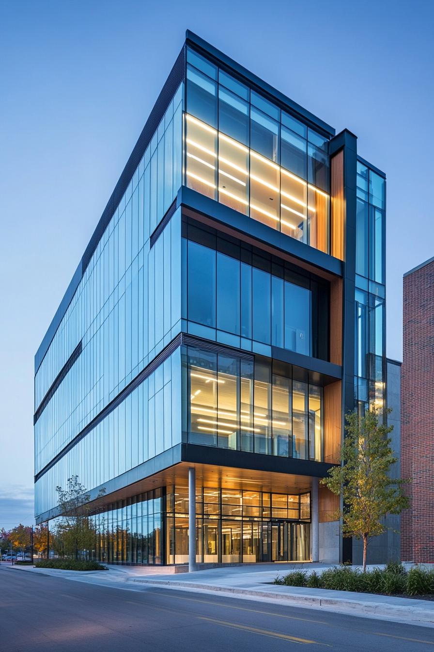 Sleek glass building with illuminated interiors