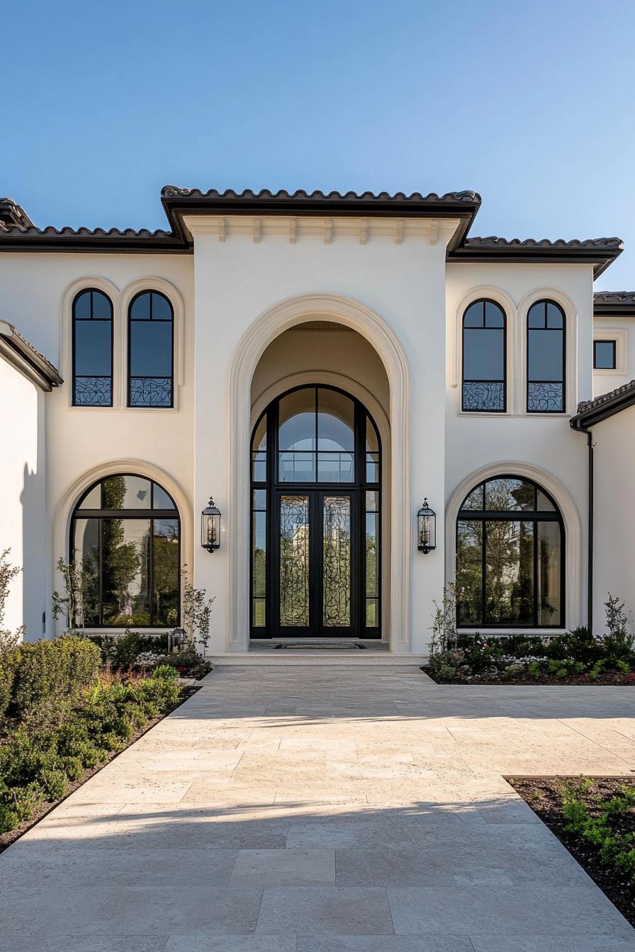 Grand entrance of an elegant home with tall, arched windows