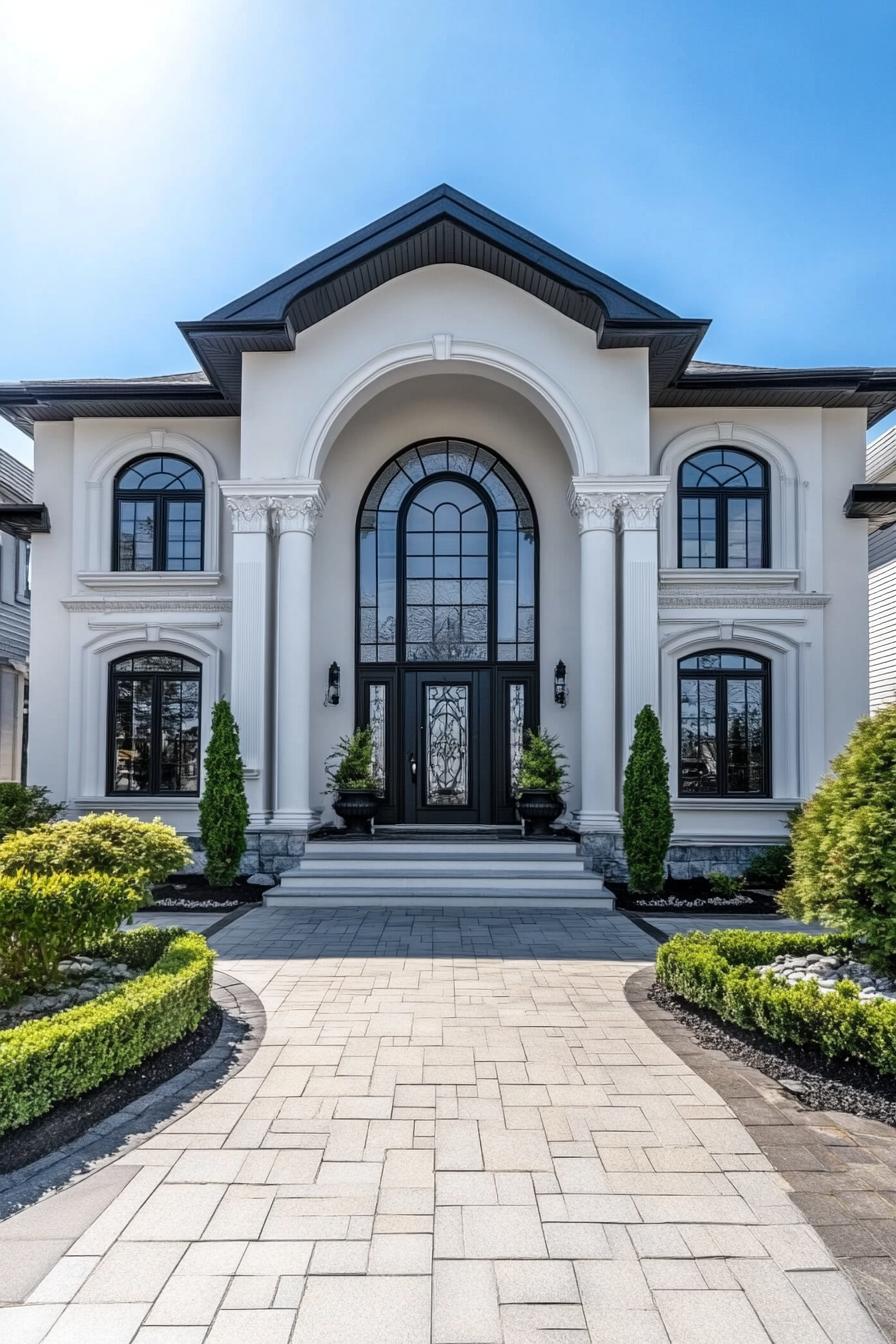 White mansion with tall arched windows and landscaping