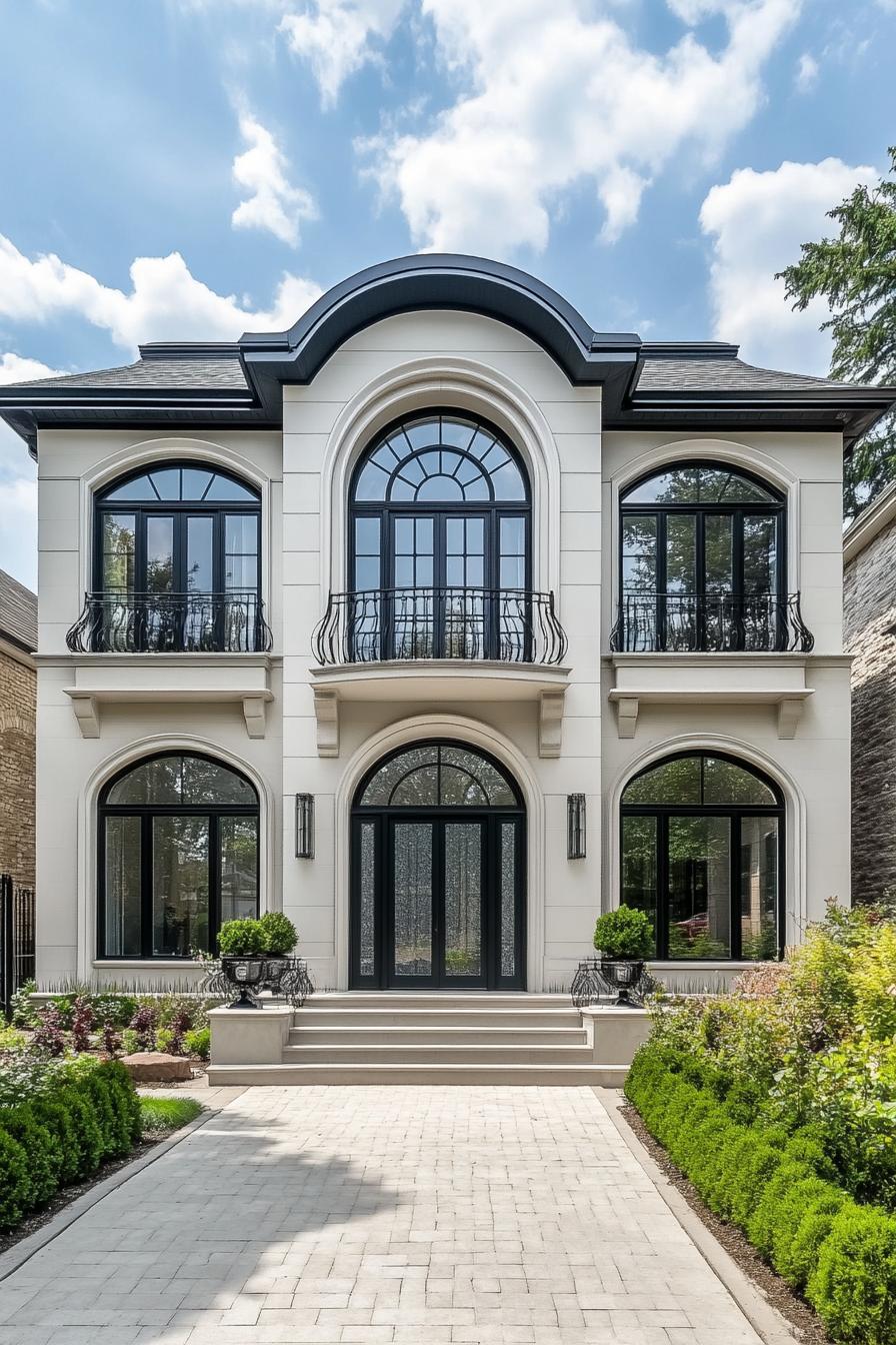 Elegant two-story home with arched windows and lush landscaping