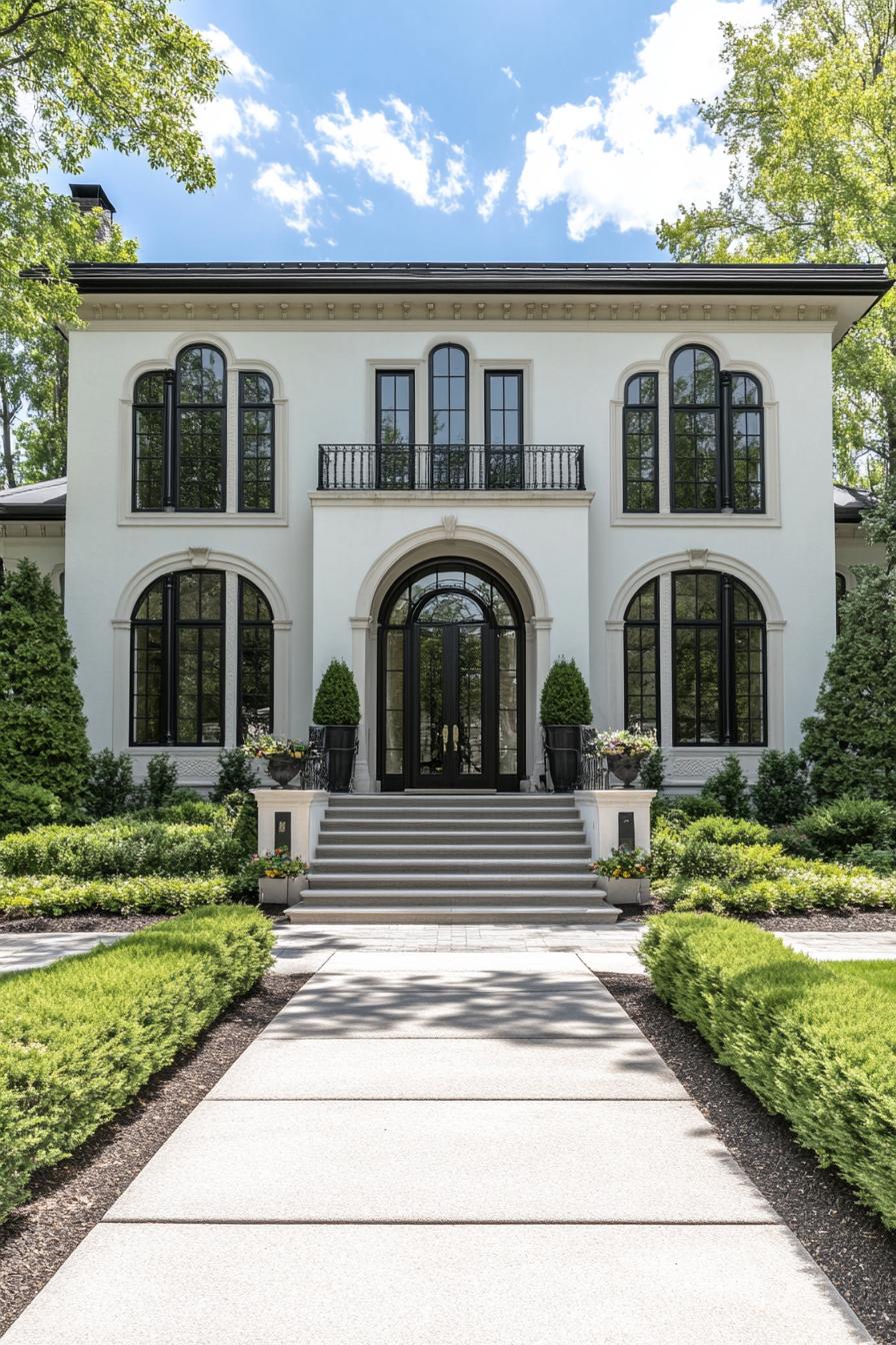 Elegant white mansion with lush landscaping