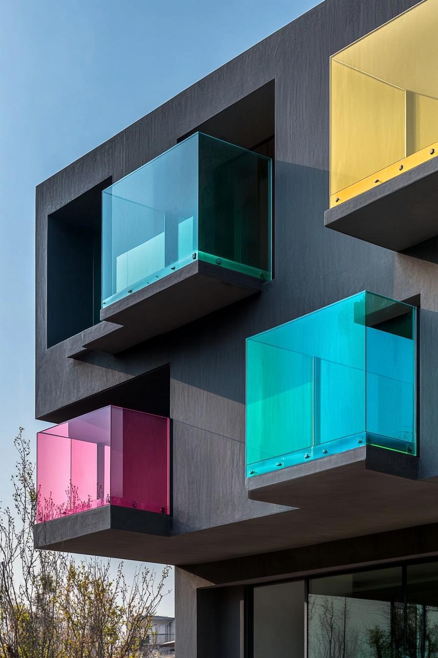 Multicolored glass balconies on a modern building