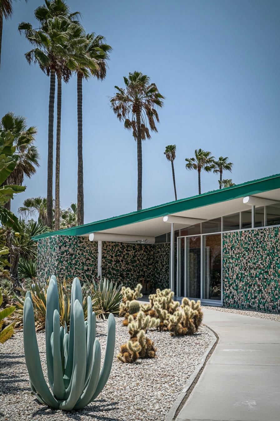 Mid-century house with cactus-filled landscape and patterned exterior